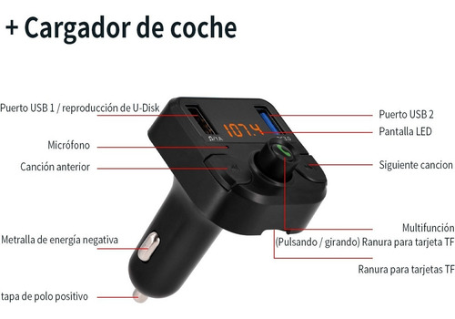 Imagen 5 de 10 de Receptor Bluetooth Autos Transmisor Fm Mp3 Carga Rapida Usb