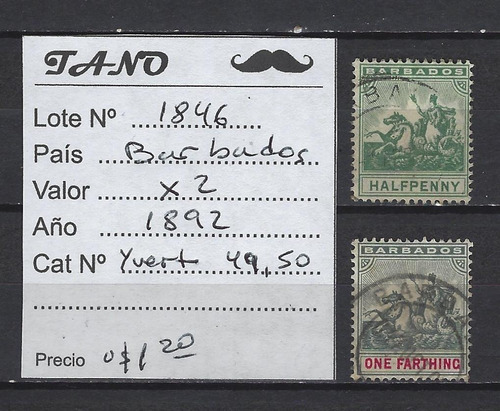 Lote1846 Barbados 2 Estampillas Año 1892 Yvert# 49,50