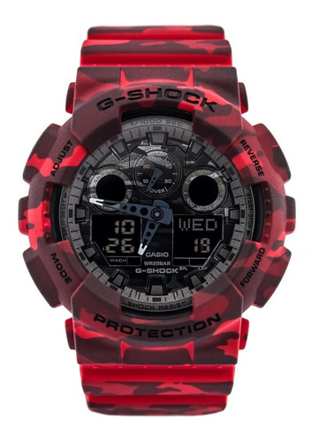 Relógio de pulso Casio G-Shock GA100 com corpo camuflado vermelho,  analógico-digital, para masculino, fundo  camuflado cinza, com correia de resina cor camuflado vermelho, agulhas cor azul e branco, subdials de cor cinza, subesferas cor cinza, ponteiro de minutos/segundos cinza, bisel cor camuflado vermelho e fivela dupla