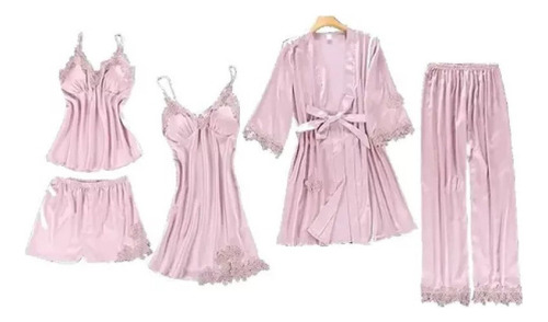 Set De Pijama Dama Sexi Ropa De Dormir Bata De Seda 5 Piezas