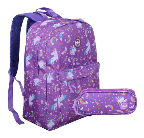 Kit Escolar Juvenil Unicórnio Mochila  + Estojo Duplo Cor Roxo