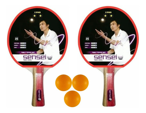 Set Ping Pong Sensei 2 Paletas + 3 Pelotas - 2* Goma Lisa