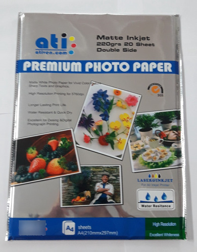 Papel Fotografico Matte Inkjet 20hojas, 220grs, Double Side.