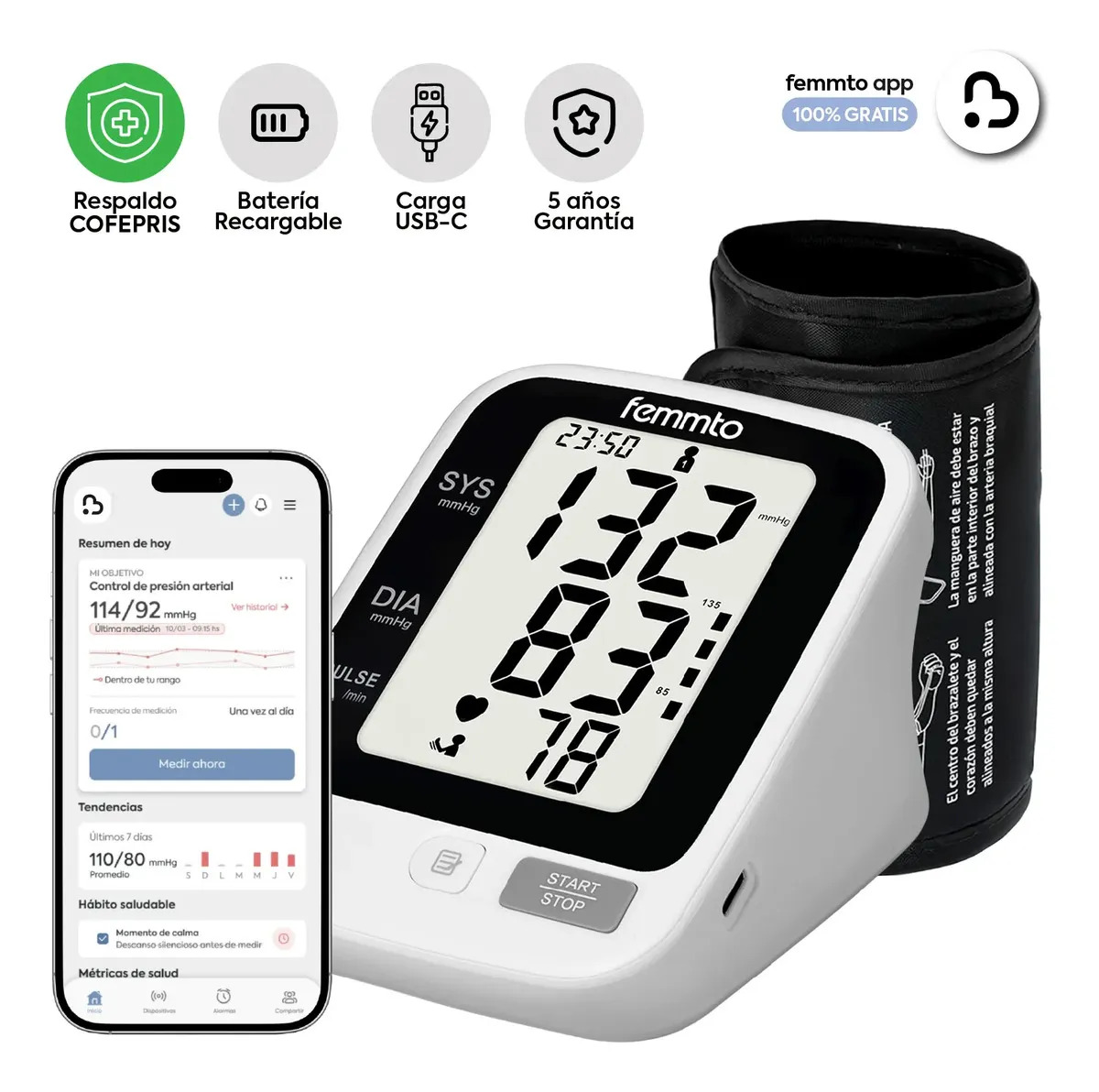 Tensiómetro Digital de Brazo Femmto Recargable USB para Monitorear Presión Arterial