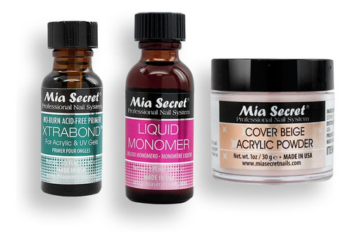 Mia Secret Liquido 30ml, Cover Uñas 30gr, Primer 15ml. Nice