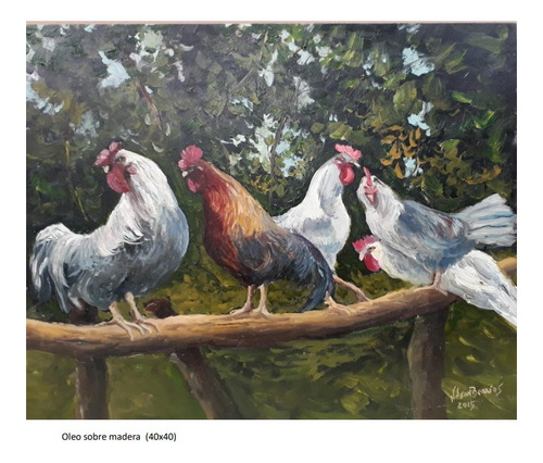 Cuadro En Oleo Sobre Madera  Gallos Y Gallinas  40x40 Cnt