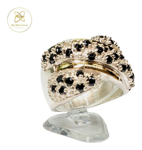 Anillo Plata Y Oro Con Piedras Negras Engarzadas