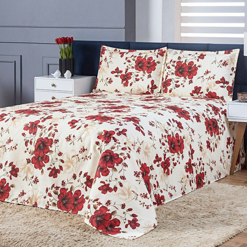 Colcha Cobre Leito Cama Casal Kit 3 Peças Milão Cor Vermelho Florido Estampado