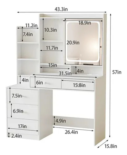 Tocador Multifuncional Con Espejo Y 6cajones Incluye Taburet Blanco