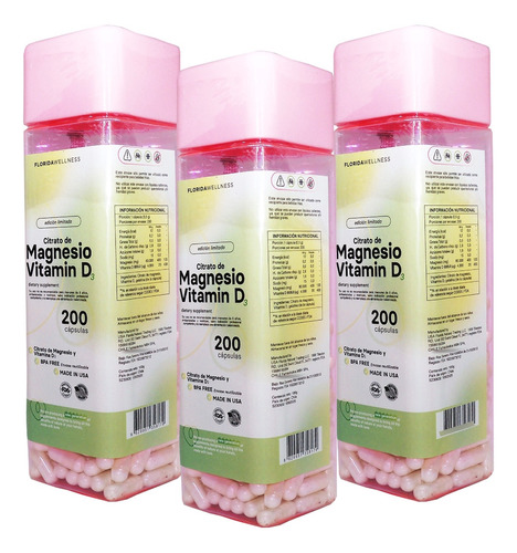 3 X Citrato De Magnesio + Vitamina D3 200 Cap Florida Welnes