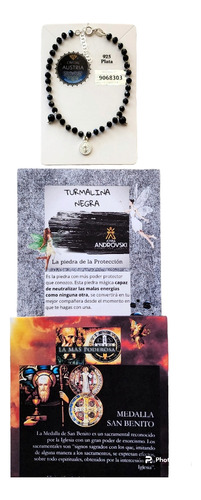 Pulsera Turmalina Negra + San Benito+ Cristal Austria, Plata