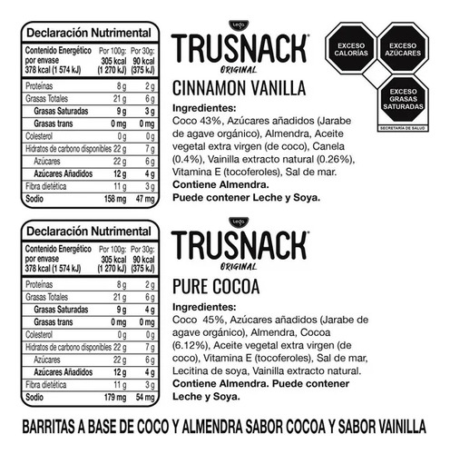Barritas Trusnack Sabor Cocoa Y Vainilla 15 Pzas 30 G C/u
