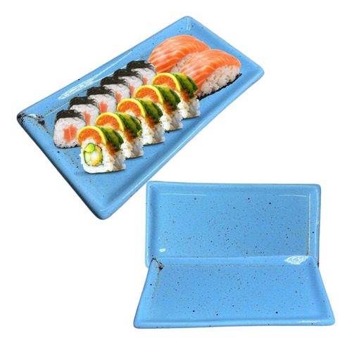 10 Pratos Servir Sushi Oriental Porcelana Retangular Azul