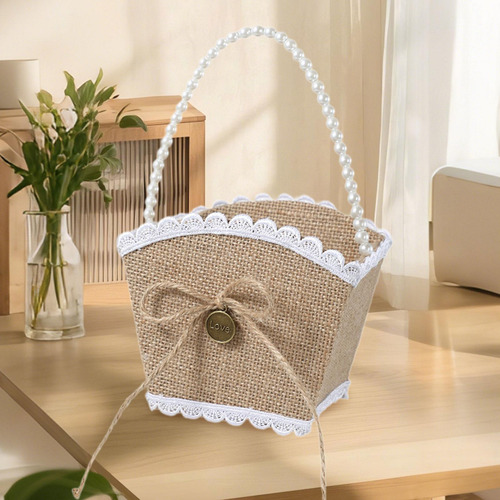 Cesta De Arpillera Para Niña De Con Lazo Rústico Para