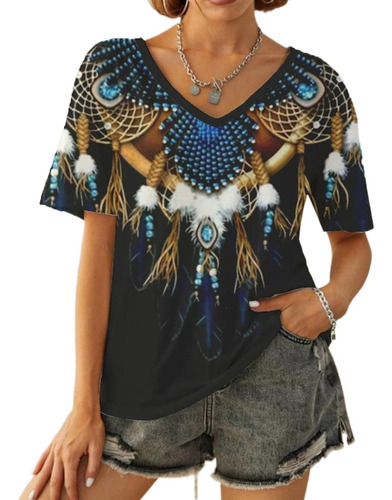 Camiseta Con Estampado Étnico De Plumas Para Mujer