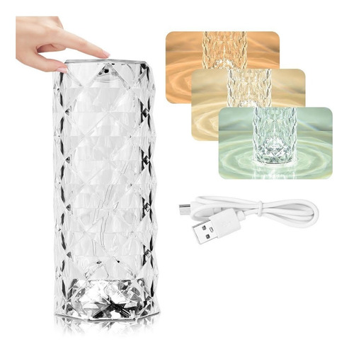 Lampara Touch Velador Rosa Diamante Tactil Usb 22cm