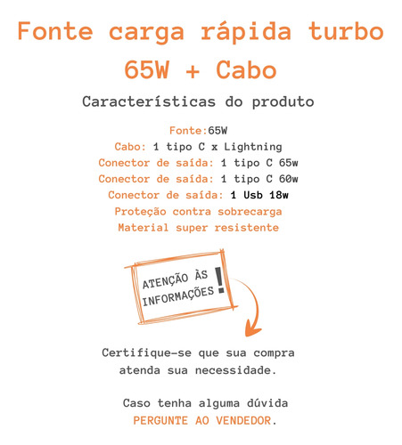 Carregador Turbo 65w Cabo De Dados Lightning Branco Full
