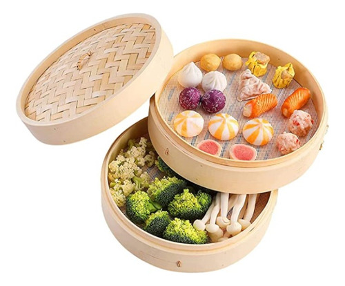 Vaporera De Bambu 2 Piso 23cm Diam Tapa 3pza Oriental Cocina