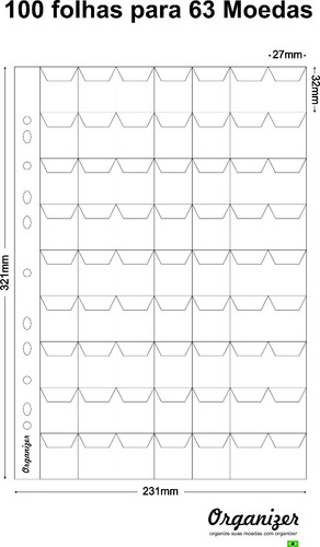 100 Folha P/ Moedas 63 Divis Transp 28x33mm 