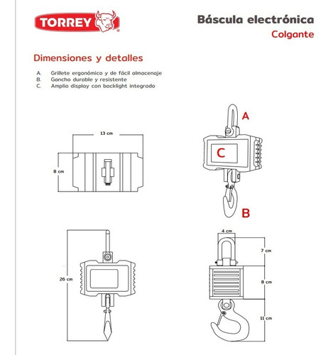 Imagen 3 de 3 de Bascula Colgante Para 500kg Torrey Modelo Crs-500 Rbanda
