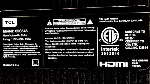 Tarjeta Control Tcl 65s546 40-65c715-zjb2hg 11602-500067 (Usado)