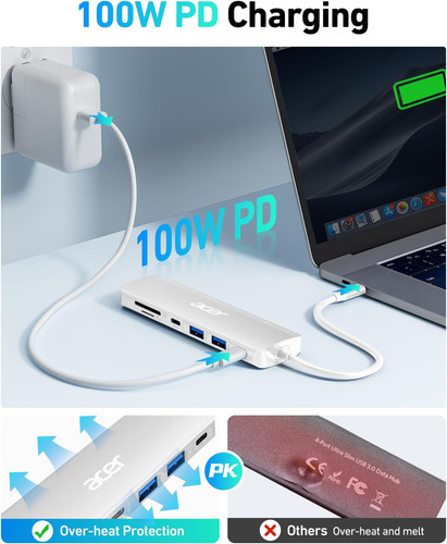 Acer Usb C Dock, 7 En 1 Usb C A Hdmi Hub, 2 Usb 3.1 Gen1 Y P
