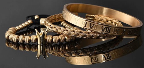 Set 3 Pulseras Brazaletes Corona Real Lujo Acero Inoxidable Color Dorado Diámetro 6 Cm Largo 20 Cm