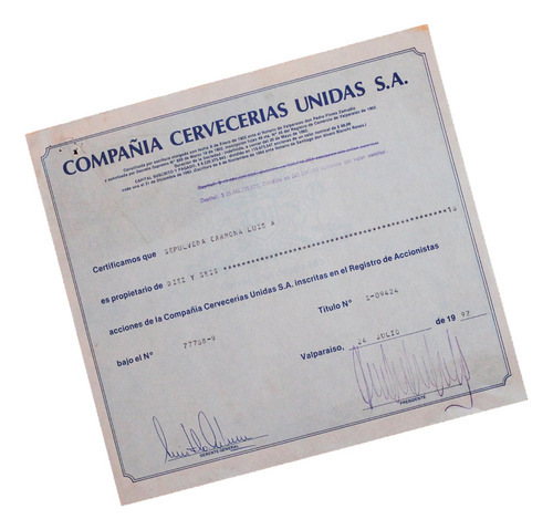 ¬¬ Acciones Antiguas Chile / Cervecerías Ccu / Año 1992 Zp (Usado)