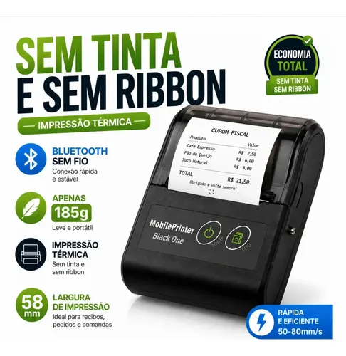 Mini Impressora Térmica Portátil Bluetooth 58mm Sem Tinta para Recibos Pedidos Comandas Android iOS USB Recarregável Black One