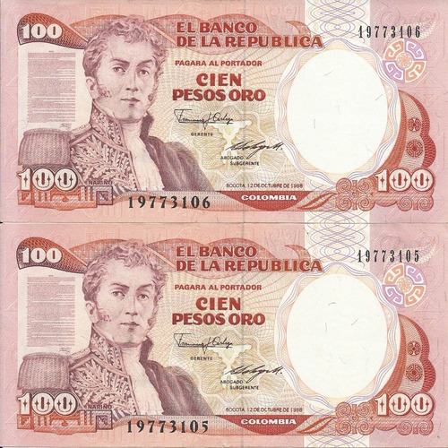 Colombia Dúo Consecutivos 100 Pesos Oro 12 Octubre 1988