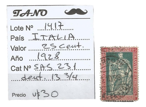 Lote1417 Italia 25 Centesimi Año 1928 Sas# 231 Dent. 13 3/4