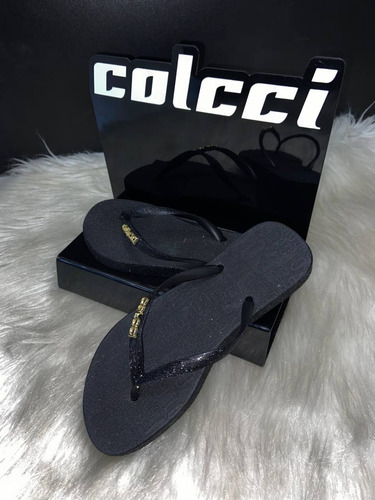 Chinelo Colcci Preto Com Glitter Letreiro 