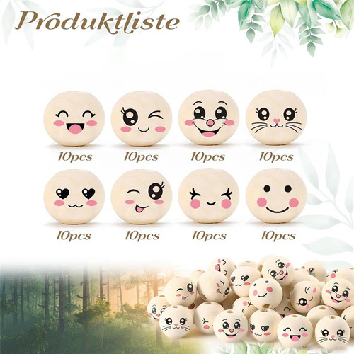 8 Estilos De Contas De Madeira Com Rosto De 20 Mm Smile Bead