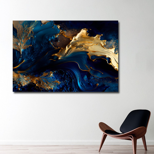 Cuadro Abstracto Dorado Azul Elegante Sala Canvas 120x60