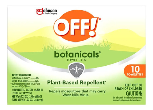 Toallitas Repelentes De Mosquitos Off! Botanicals Con 10pzs