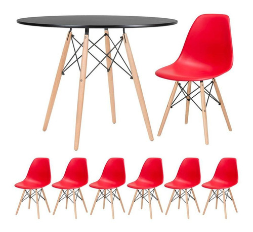 Kit Mesa Jantar Eames Wood 100 Cm 6 Cadeiras Eifel Cores Cor Mesa preto com cadeiras vermelho