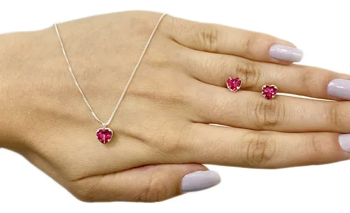 comprar Kit Colar Brinco Ponto Luz Coração Pink Folheado Prata 925