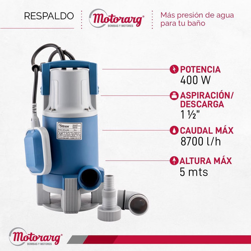 Imagen 3 de 12 de Bomba Desagote Motorarg Sapas 0.5hp Agua Sucia 400 Watts