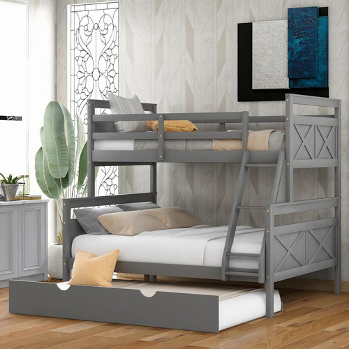 Rorigat Twin Over Full Bunk Bed With Trundle, Solid Wood Bun