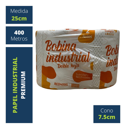 Bobina Papel Industrial X2 Doble Hoja 25x400 Absorbente