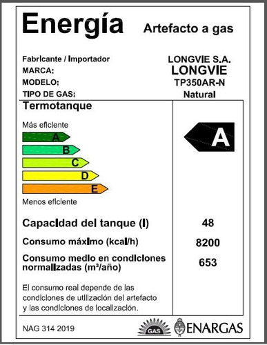Imagen 2 de 2 de Termotanque A Gas Longvie Potenciado Dual 48 Lts Tp350ar-n
