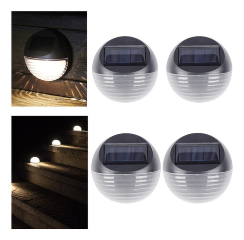 Set X4 Foco Solar Led De Pared Escaleras Piso Blanco Calido