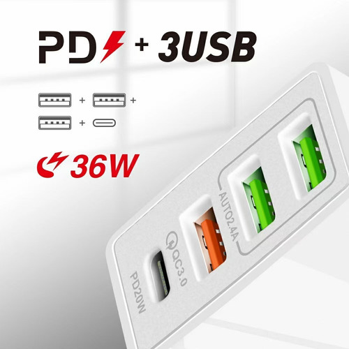 Imagen 3 de 4 de Taco Cargador Carga Rápida 4 Puertos 36w Pd20w Qc3