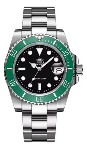 Reloj Para Hombre Addiesdive My-h3-2qz_41mm_submariner_negro Malla Plateado Bisel Verde Fondo Negro