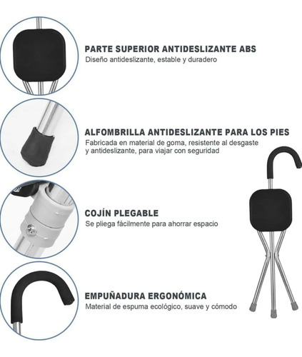 Baston Con Asiento Para Descaso Plegable De 3 Apoyos Negro