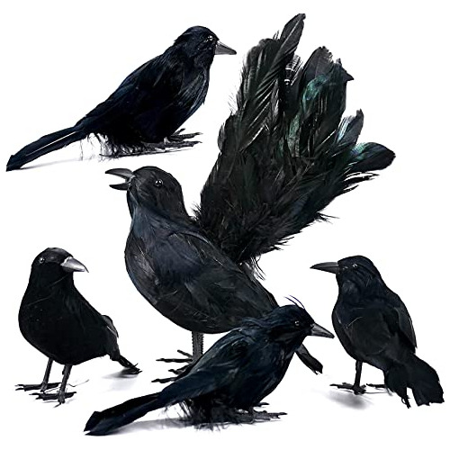 5 Cuervos Negros De Plumas Realistas Hechos Mano, Adorn...