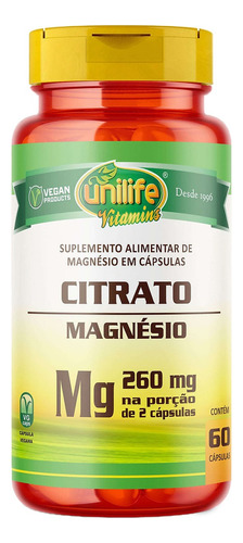 Magnésio Citrato Unilife 60 cápsulas Sabor Sem sabor