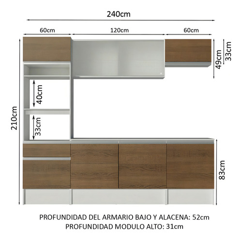 Cocina Integral Completa Modular Madesa Topazio 240cm Color Blanco/Marrón
