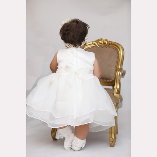 Vestido Bebê Batizado Batismo Off-white Bordado Flor E Laço