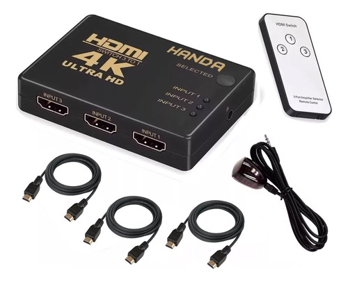 Switch Hdmi 3x1 4k Selector + 3 Cables Hdmi + Control Remoto